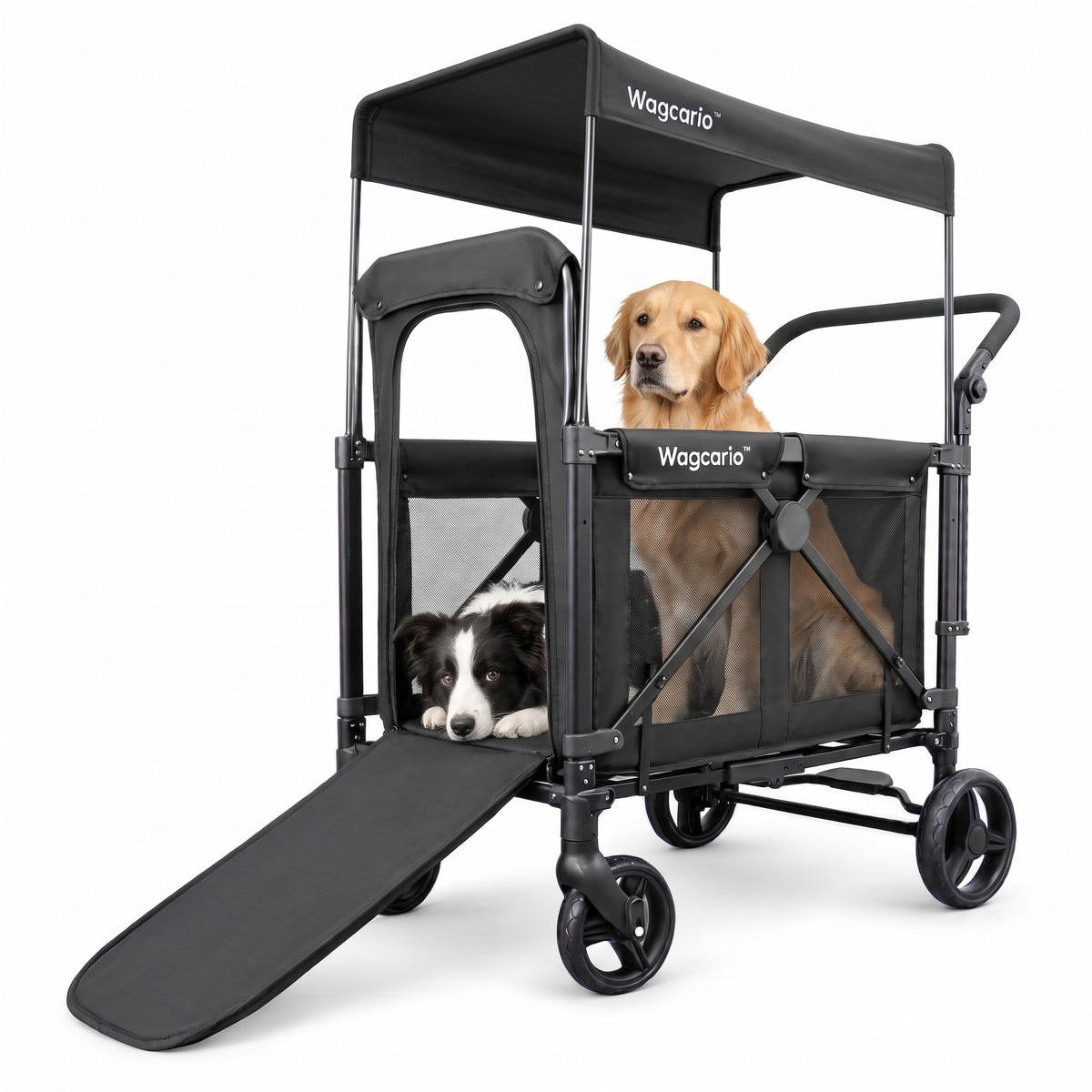 Wagcario Traillift large dog wagon with black canopy, ramp and two dogs