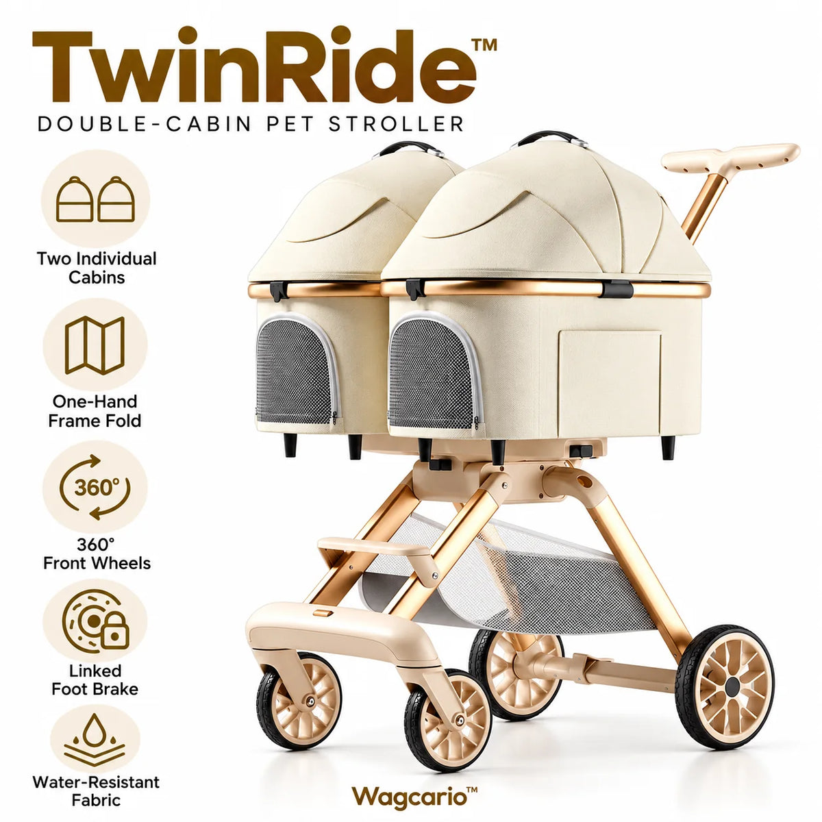 Wagcario TwinRide double-cabin pet stroller: one-hand frame fold, swivel front wheels, linked foot brake and water-resistant fabric