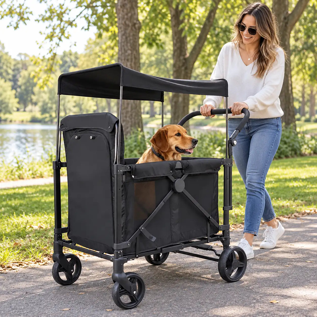 AI-generated illustrative lifestyle scene of an owner walking a dog in the TrailLift wagon