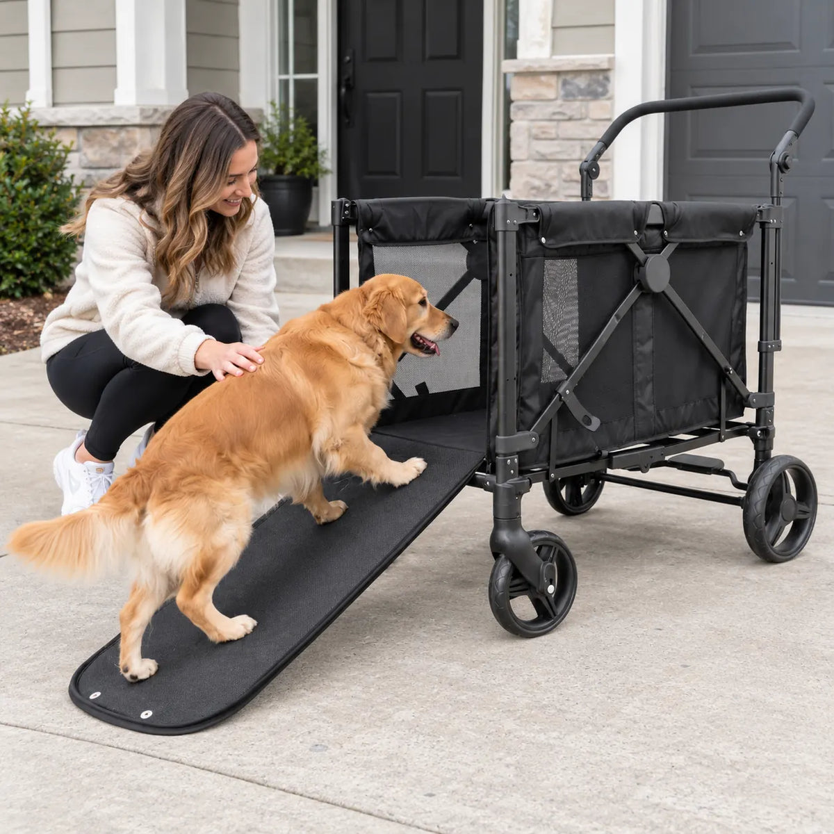 AI-generated illustrative lifestyle scene of a dog entering the TrailLift wagon via the ramp